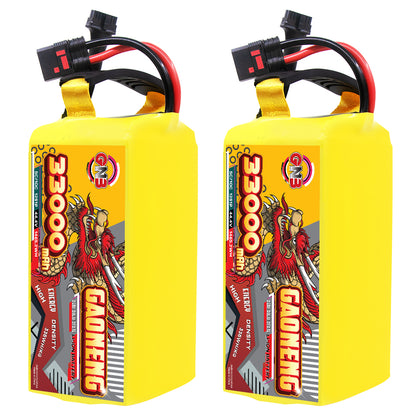 Two GAONENG GNB 33000mAh battery packs upright view showing wiring and top handle straps