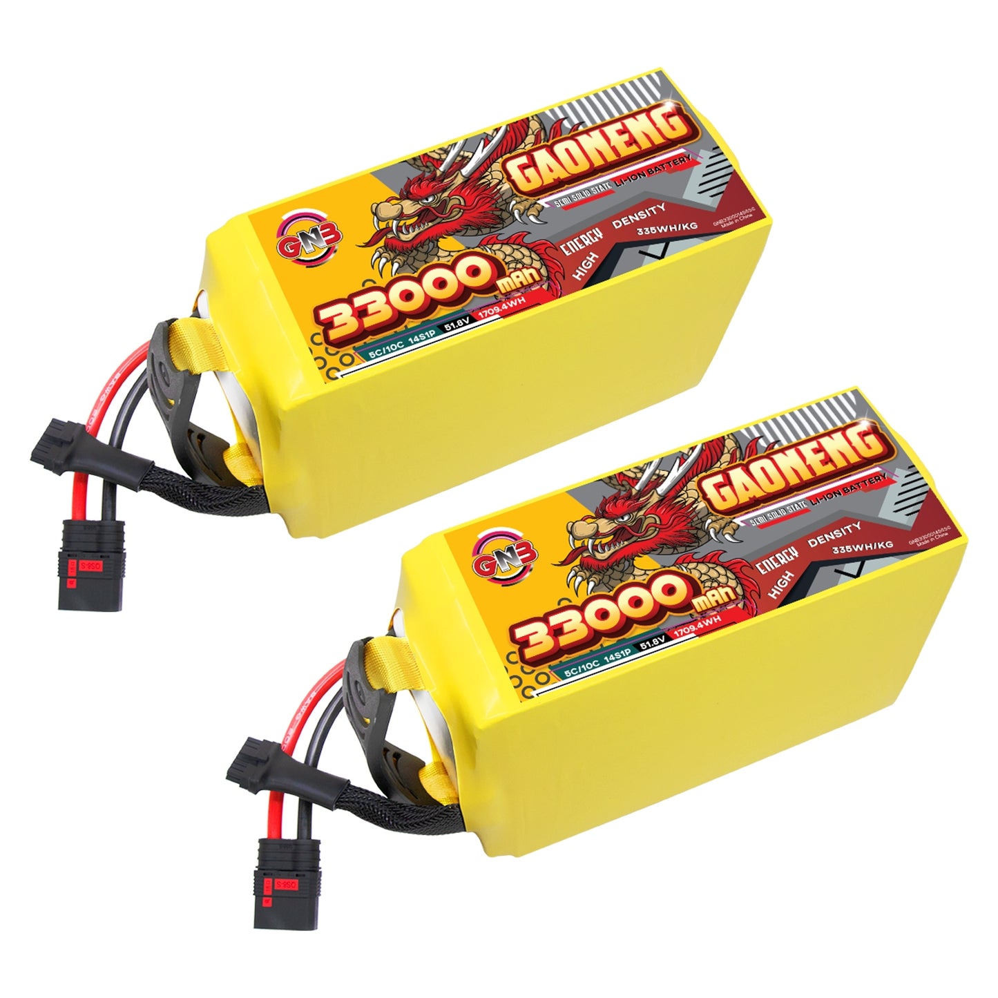 Two GAONENG GNB 33000mAh 14S battery packs shown at angle with QS8 discharge and balance leads