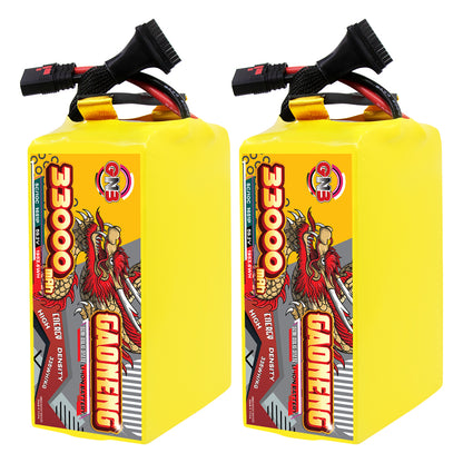 Dual pack view showing GAONENG 33000mAh battery front label and top leads with connectors