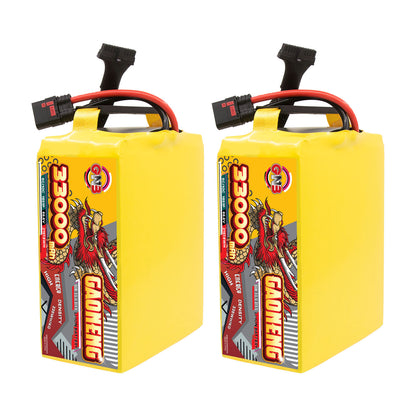 Two GAONENG 18S 33000mAh battery packs shown upright with power leads and balance plug