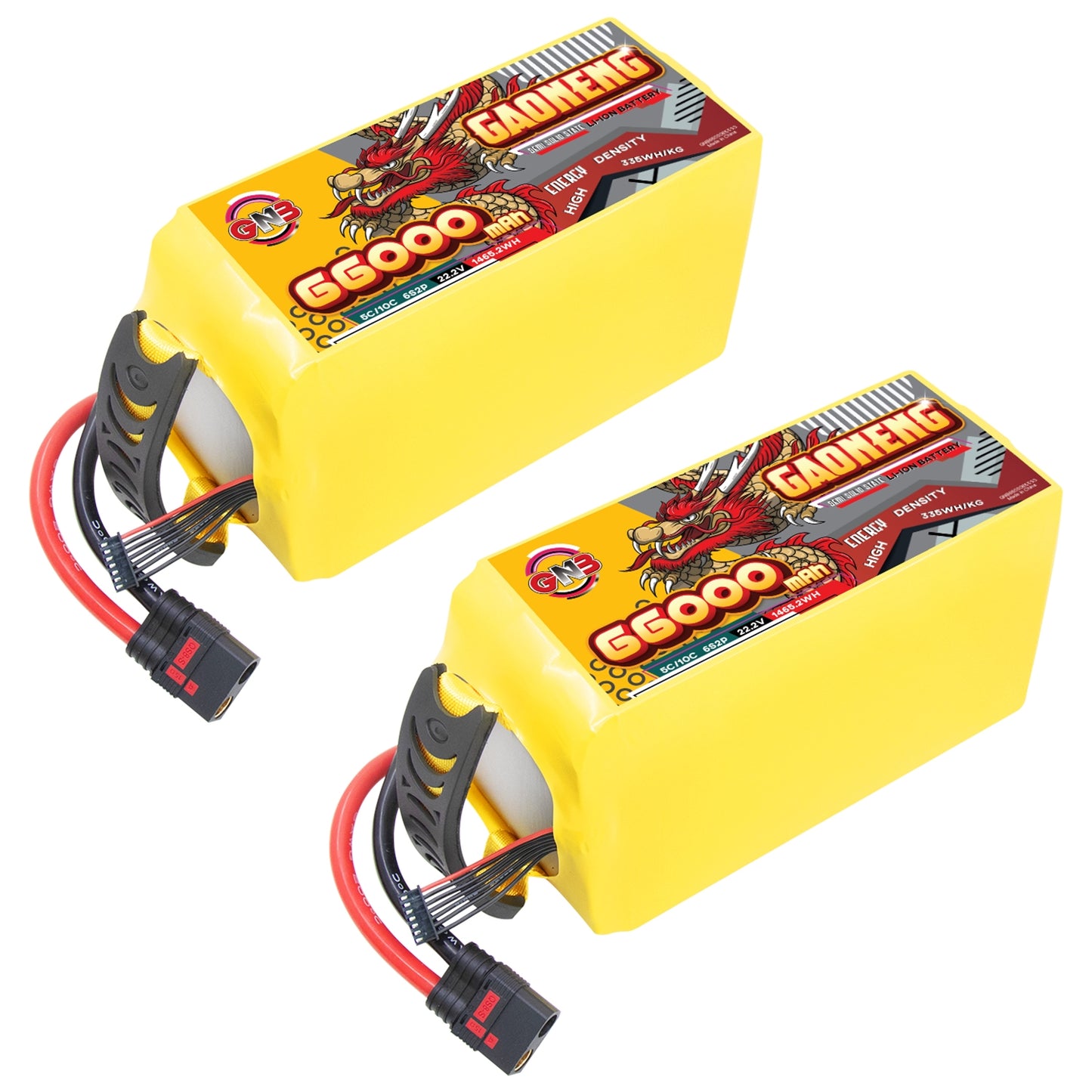 Pair of GAONENG GNB 66000mAh 6S battery packs shown together, yellow wrapped packs with QS8 leads