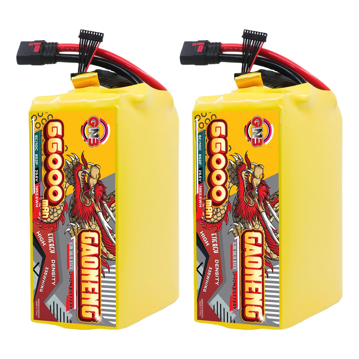 Two GAONENG GNB 66000mAh battery packs side by side showing label face and wiring