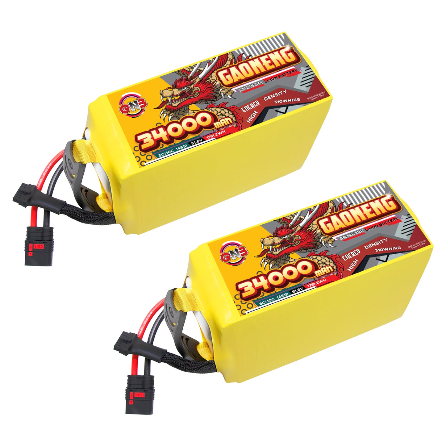 Two GAONENG GNB 34000mAh semi solid state battery packs shown side by side with discharge leads