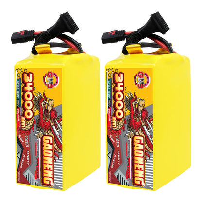 Two GAONENG GNB 34000mAh battery packs standing upright, showing label side and top leads
