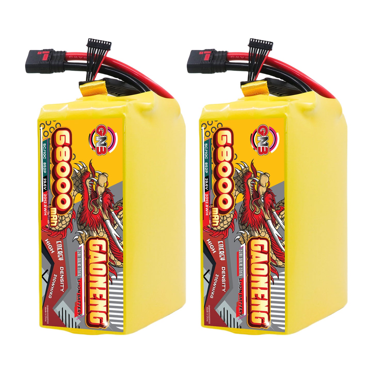 Two GAONENG GNB 68000mAh 8S battery packs standing upright, showing front label and connector leads
