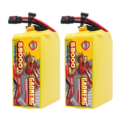Two GAONENG GNB 68000mAh 8S battery packs standing upright, showing front label and connector leads