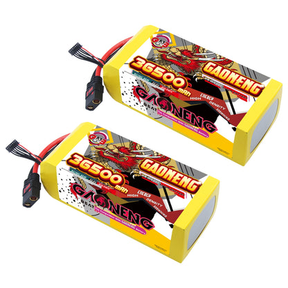 Two GAONENG GNB 36500mAh 6S battery packs shown angled, each with QS8-S anti-spark style connector