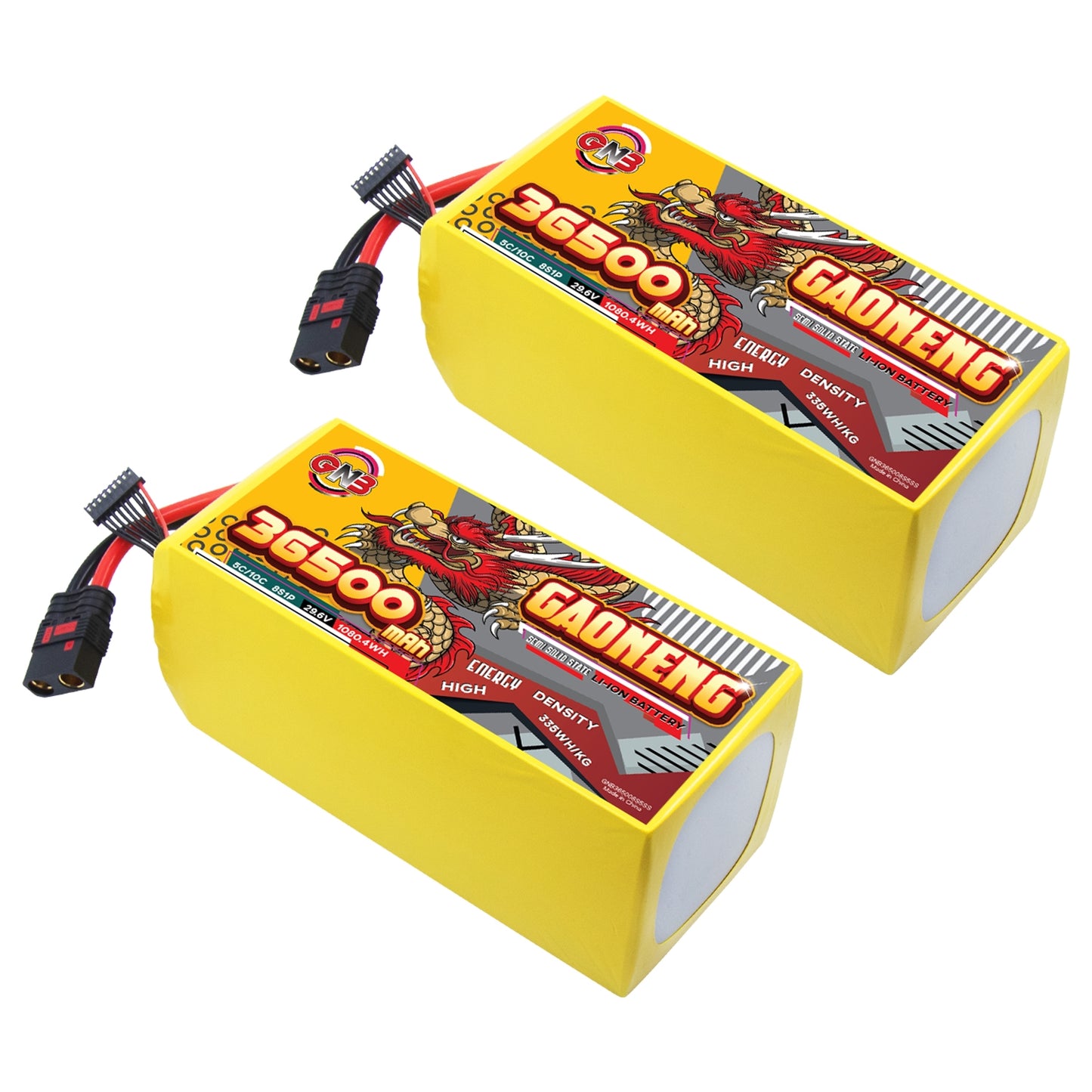 Two GAONENG 36500mAh 8S battery packs shown side by side with discharge and balance leads