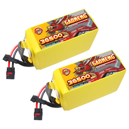 Two GAONENG 36500mAh 14S 51.8V battery packs shown together, yellow shrink wrap with leads and connectors