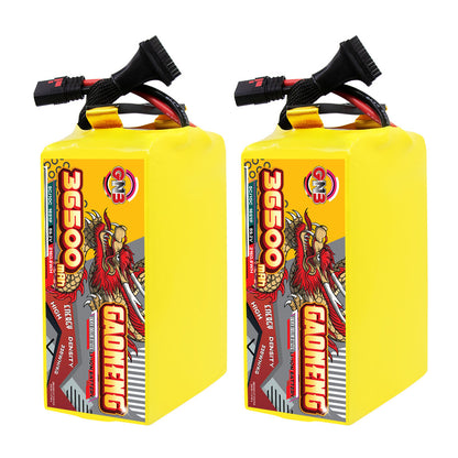 Two GAONENG GNB 36500mAh 16S battery packs standing upright, front label view with cable leads