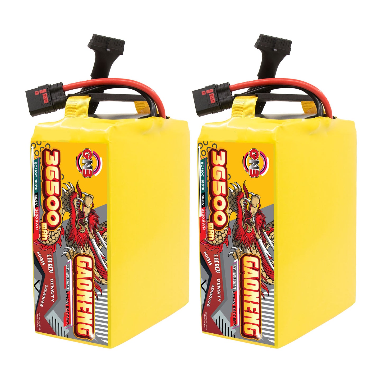 Two yellow GAONENG 36500mAh battery packs shown upright, side label view with top leads