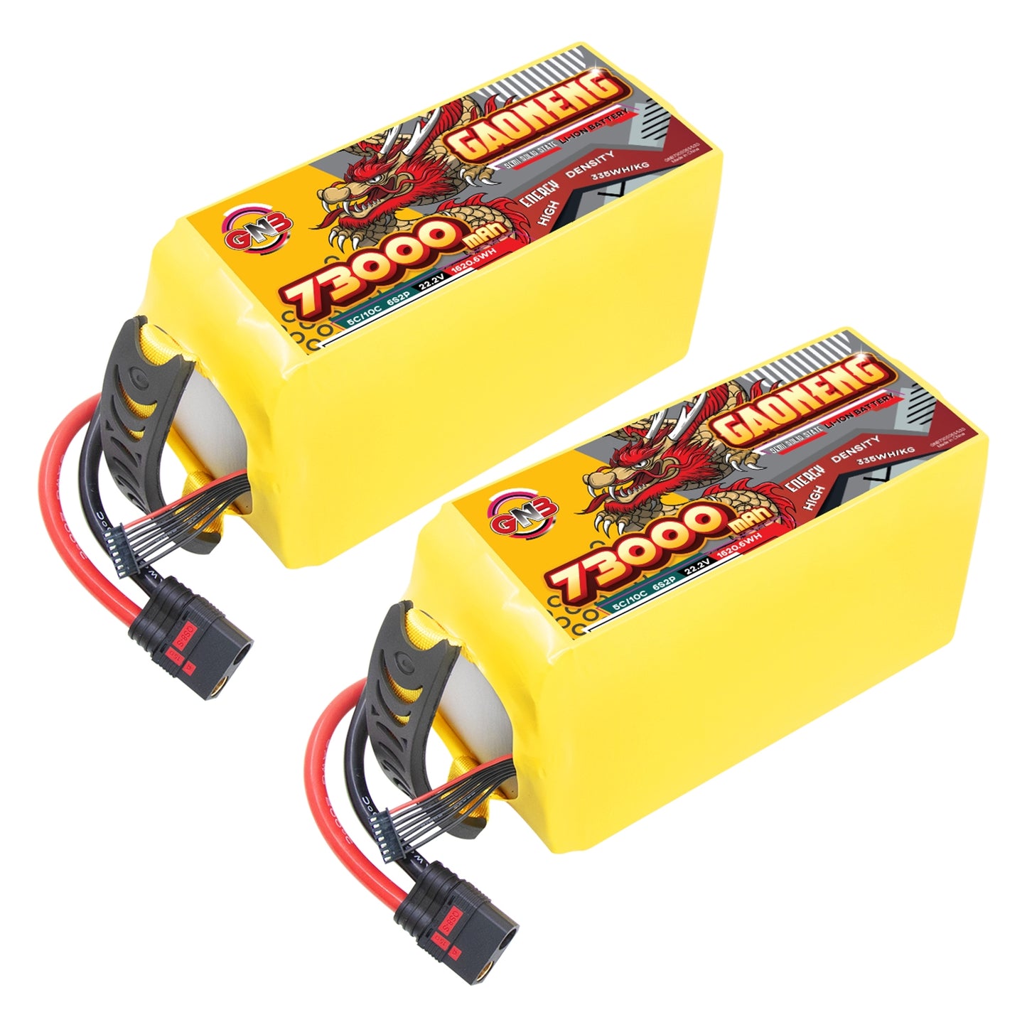 Two GAONENG GNB 73000mAh battery packs shown at angle with attached discharge and balance leads