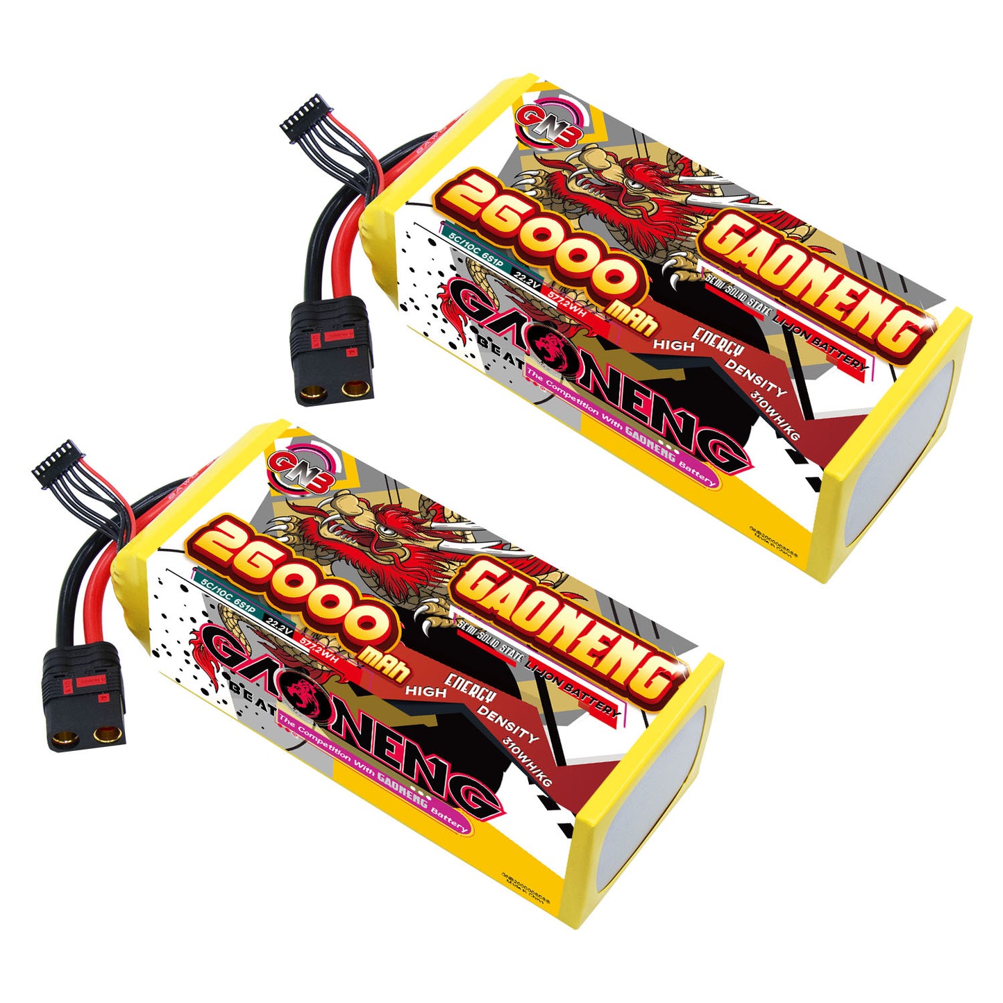 Two GAONENG 26000mAh 6S battery packs shown together, yellow shrink wrap with QS8 connectors