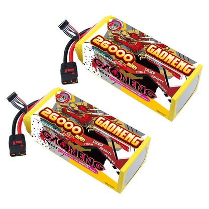 Two GAONENG 26000mAh 6S battery packs shown together, yellow shrink wrap with QS8 connectors