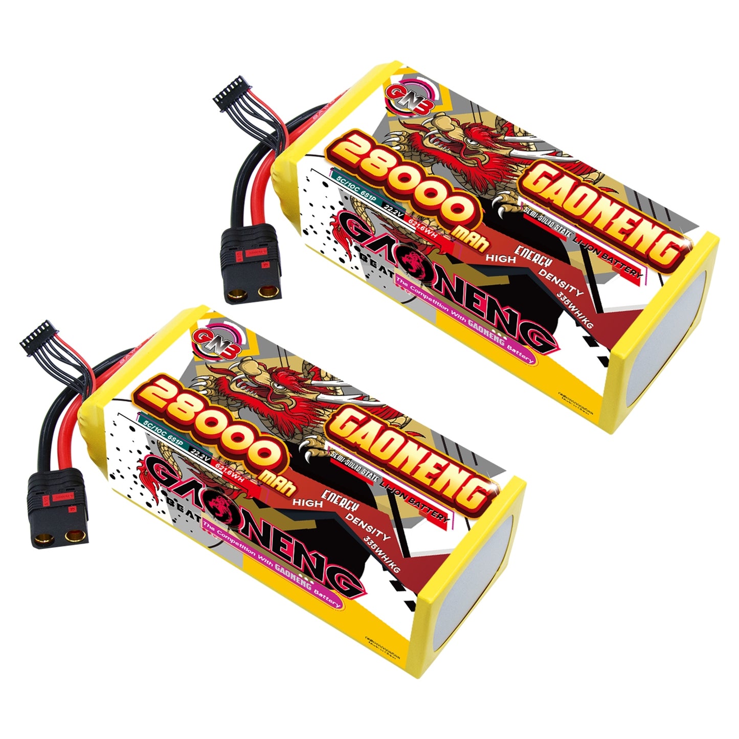 Two GAONENG GNB 28000mAh 6S battery packs shown with QS8-S discharge leads and balance plugs