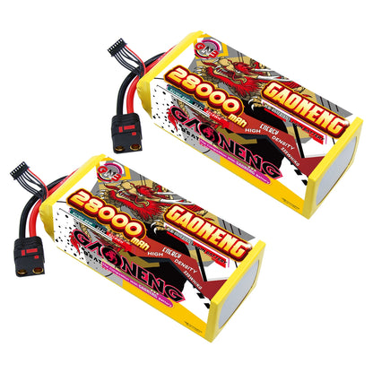 Two GAONENG GNB 28000mAh 6S battery packs shown with QS8-S discharge leads and balance plugs
