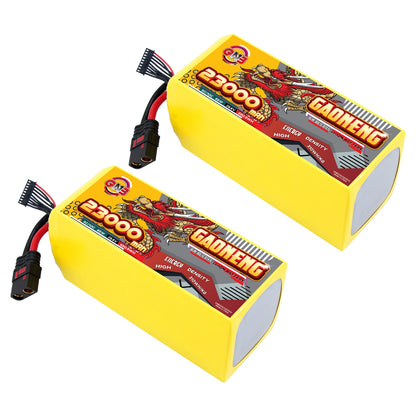 Two GAONENG GNB 23000mAh battery packs shown at angle, QS8 connectors and balance leads visible