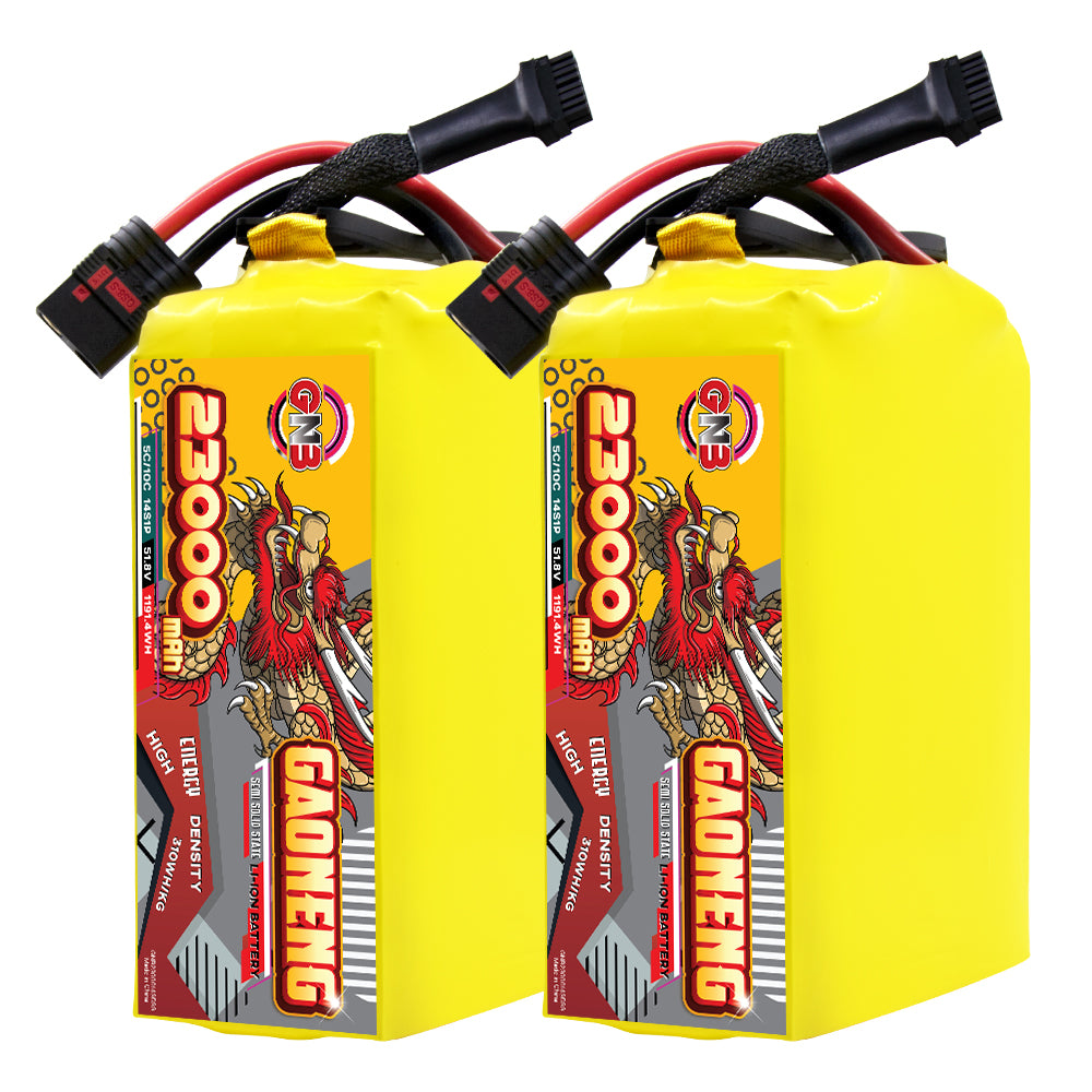 Two GAONENG GNB 23000mAh yellow battery packs shown side by side with discharge leads and balance plugs