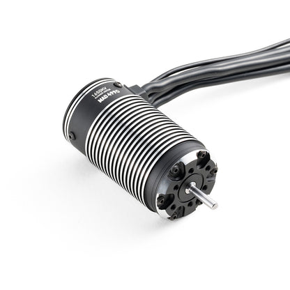 MAD Runner4990 RC Car Brushless Motor, MAD 4990 1650KV brushless RC car motor with finned aluminum can, three phase wires, and output shaft