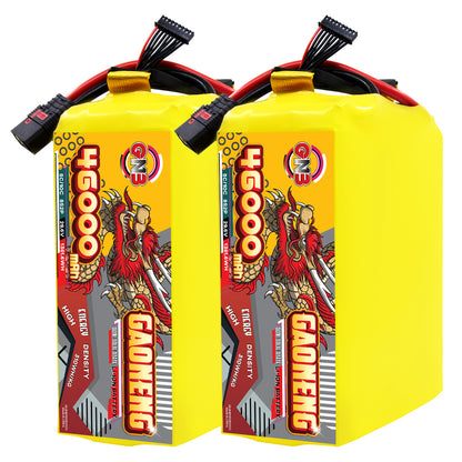 Two GAONENG 46000mAh battery packs side by side showing label side and balance leads