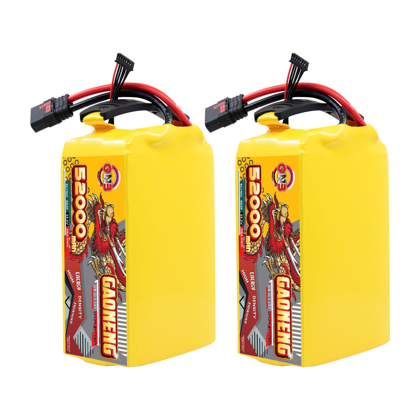 Two GAONENG GNB 52000mAh 6S battery packs shown upright, yellow shrink wrap with side label