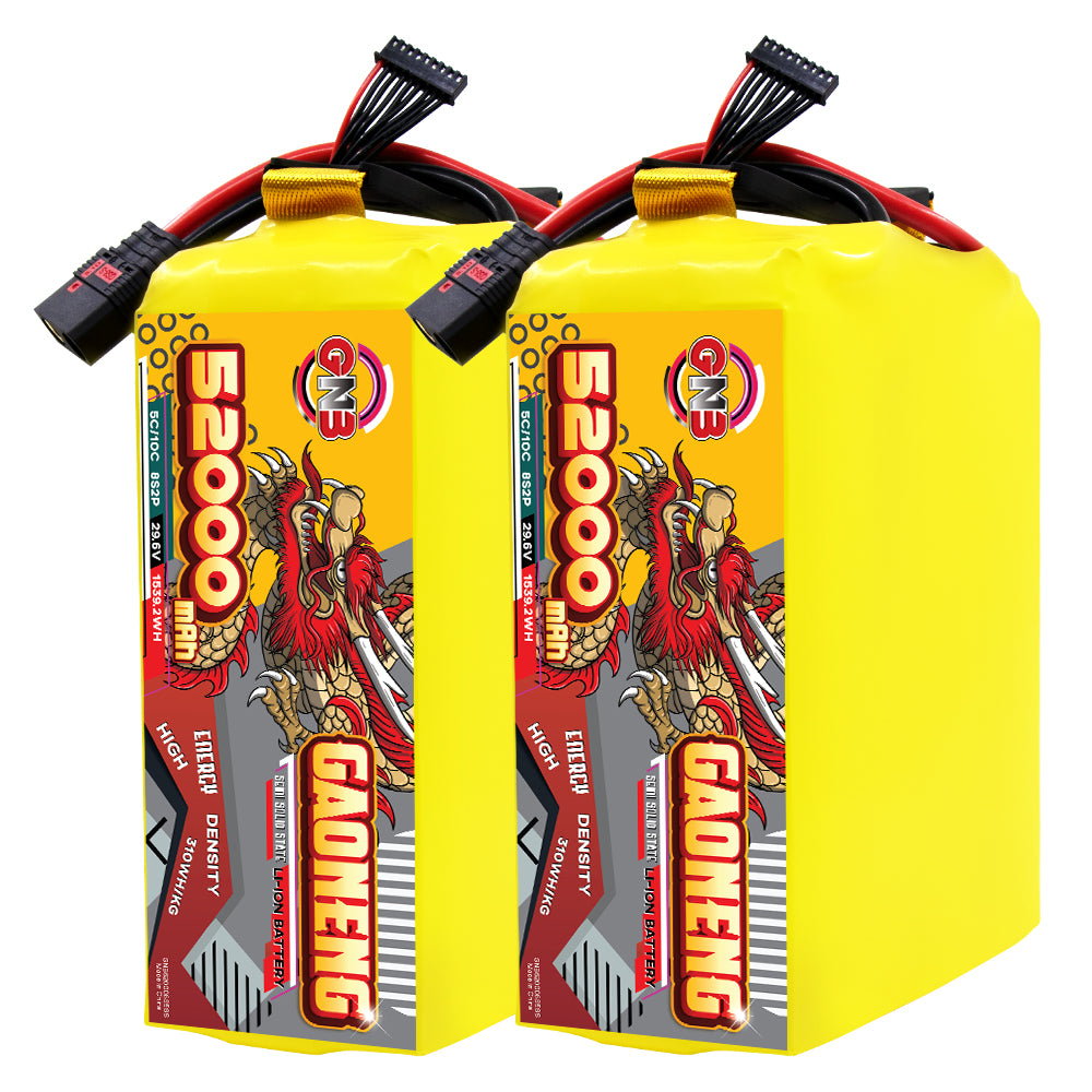 Two GAONENG GNB 52000mAh 8S semi solid state battery packs side by side, QS8 connectors