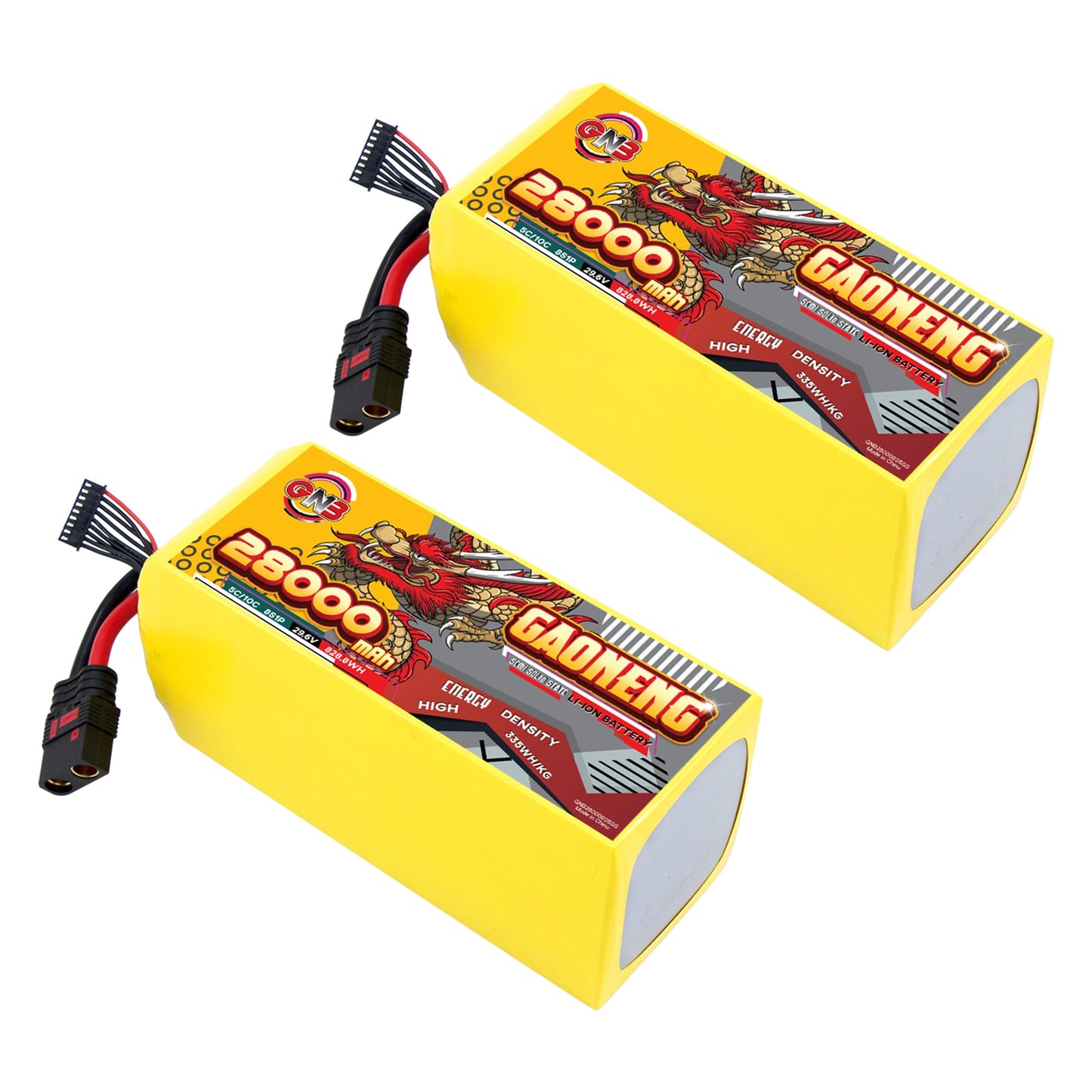 Two GAONENG 28000mAh battery packs shown at angle with discharge and balance leads