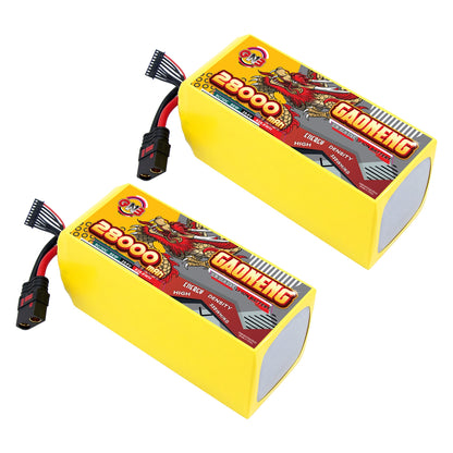 Two GAONENG 28000mAh battery packs shown at angle with discharge and balance leads