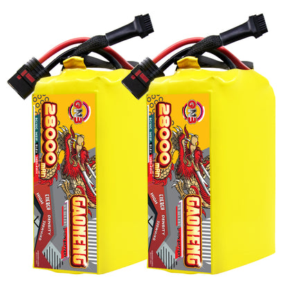 Two GAONENG GNB 28000mAh battery packs shown side by side with QS8-S discharge leads