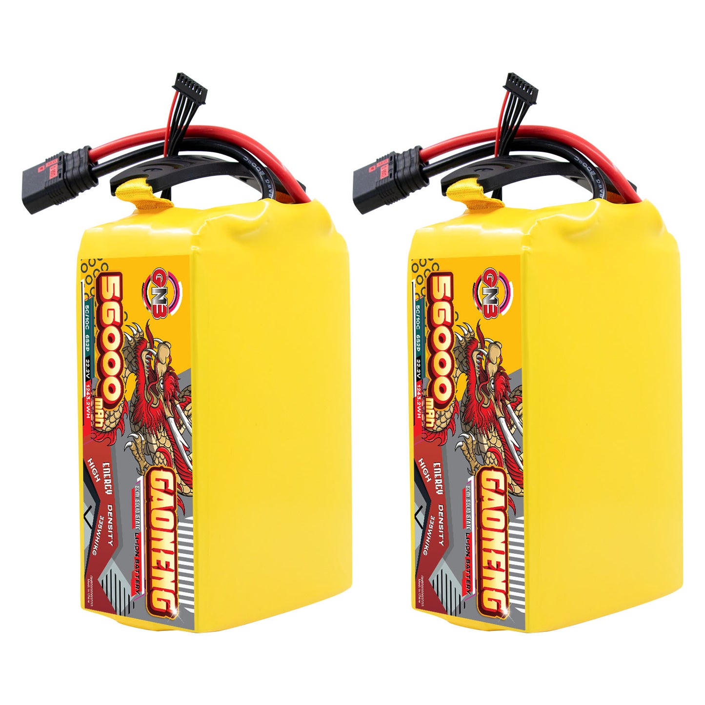 Two GAONENG GNB 56000mAh 6S battery packs standing upright, side-by-side view with leads