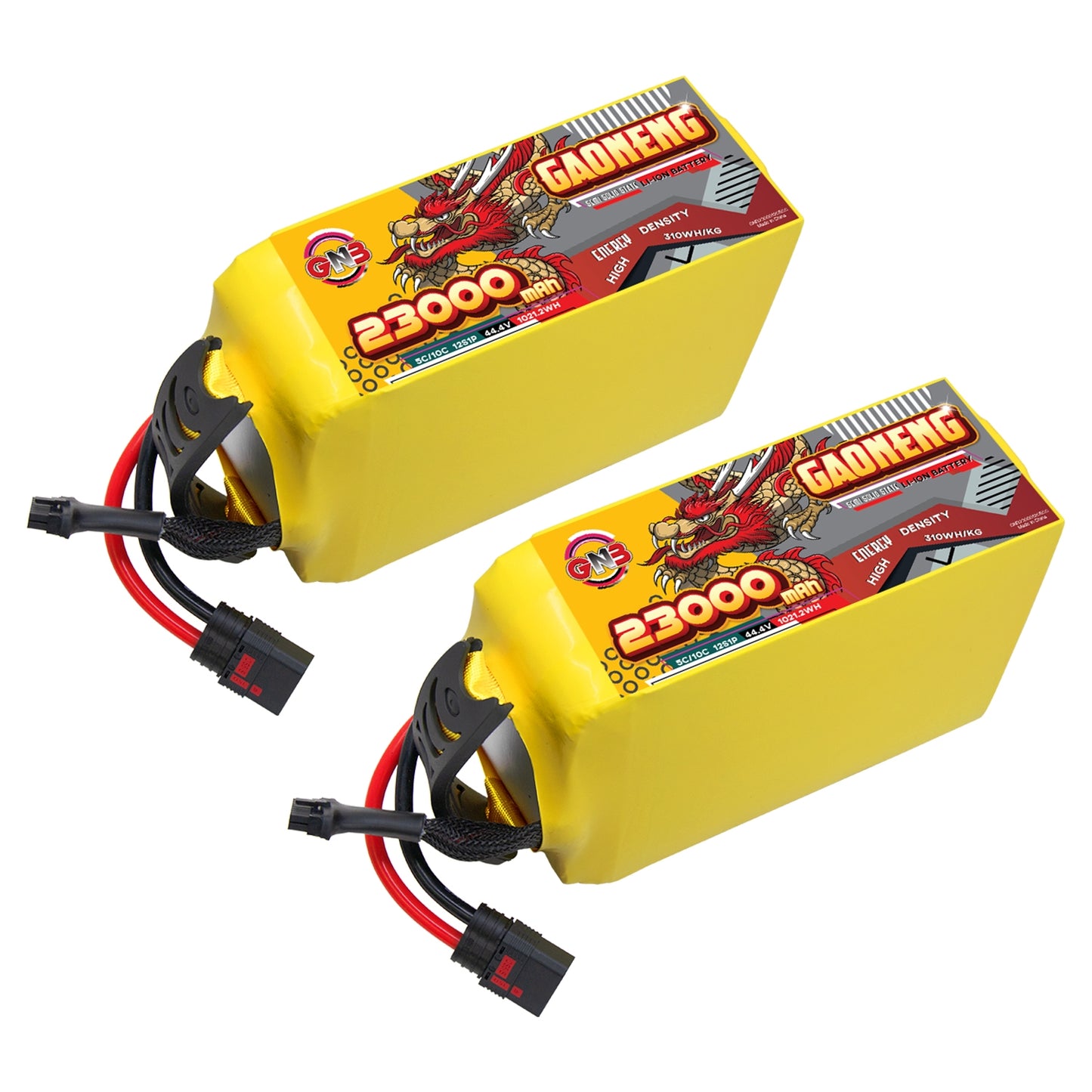 Two GAONENG GNB 23000mAh battery packs shown side by side with attached power leads