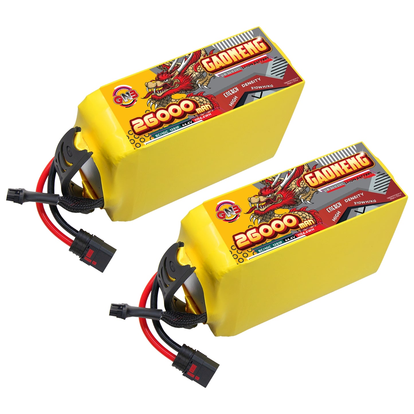 Two GAONENG GNB 26000mAh 12S battery packs shown diagonally with QS8-S discharge leads