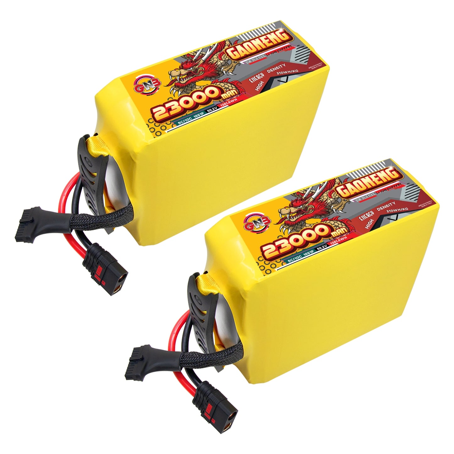 Two GAONENG GNB 23000mAh 16S battery packs shown with QS8-S discharge connector and balance lead