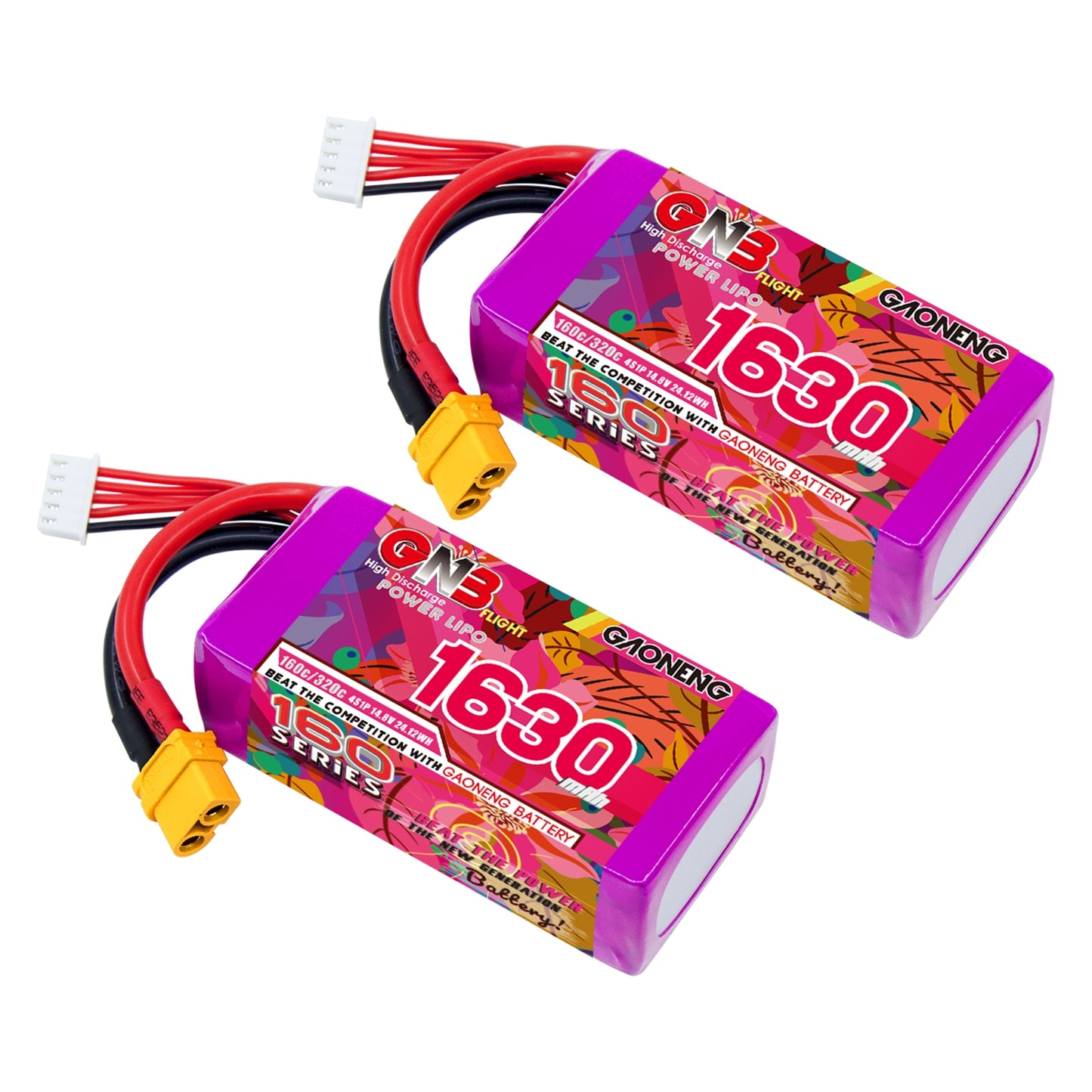 GAONENG GNB 4S 1630mAh 160C graphene LiPo battery with XT60 plug, two-pack angled view