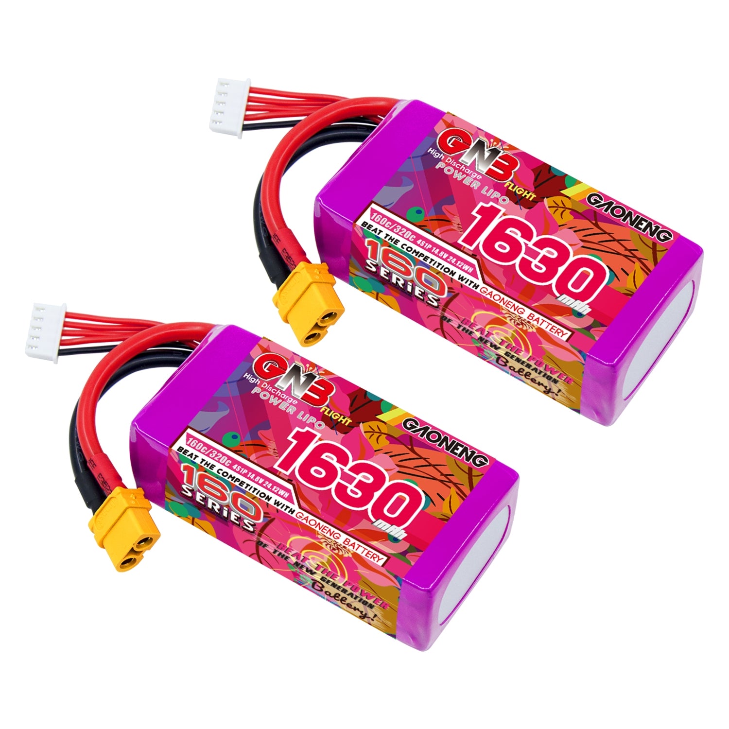 GAONENG GNB 4S 1630mAh 160C graphene LiPo battery with XT60 plug, two-pack angled view
