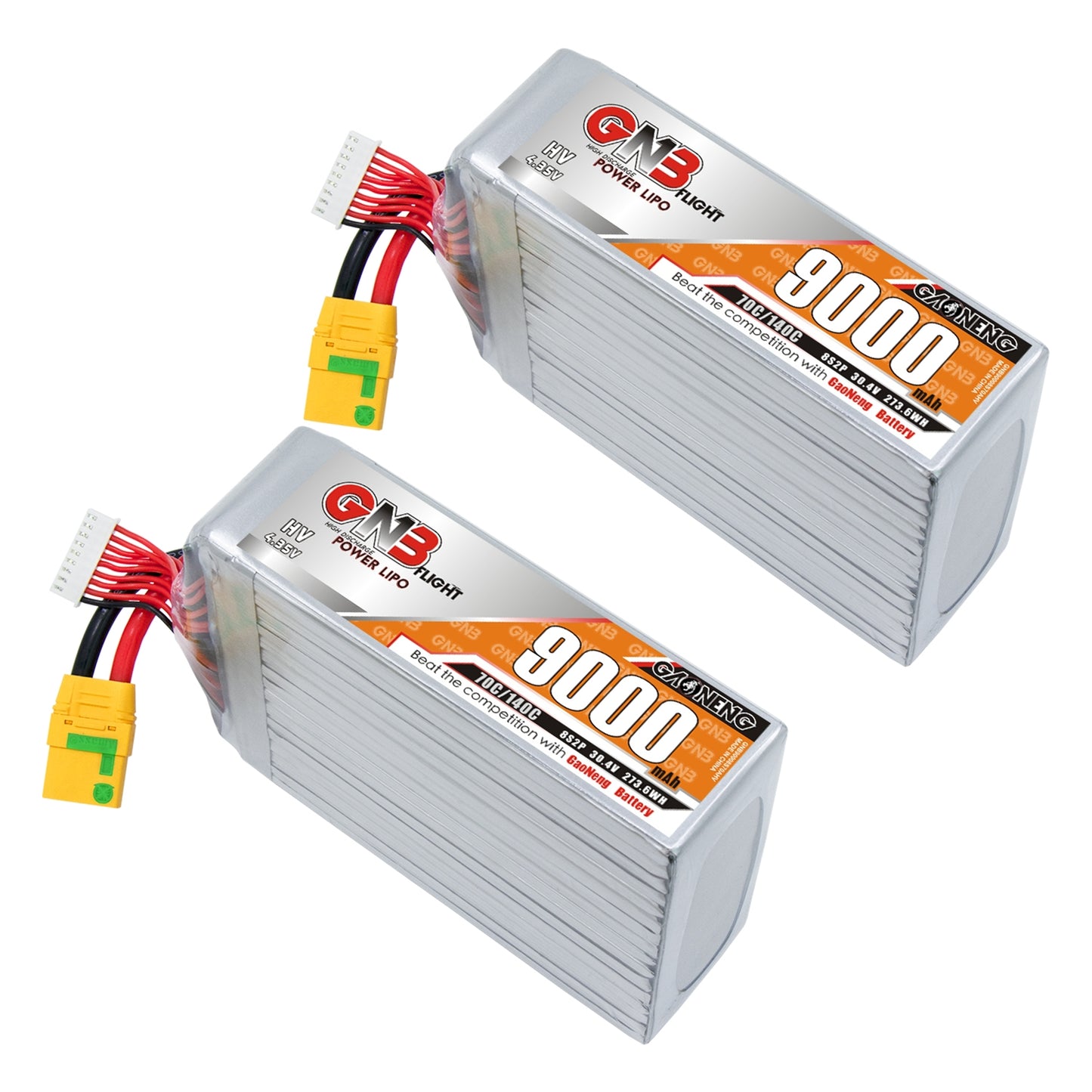 Two GNB 8S 9000mAh LiHV LiPo batteries shown with yellow XT90S anti-spark connectors and balance plugs