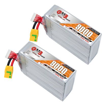 Two GNB 8S 9000mAh LiHV LiPo batteries shown with yellow XT90S anti-spark connectors and balance plugs