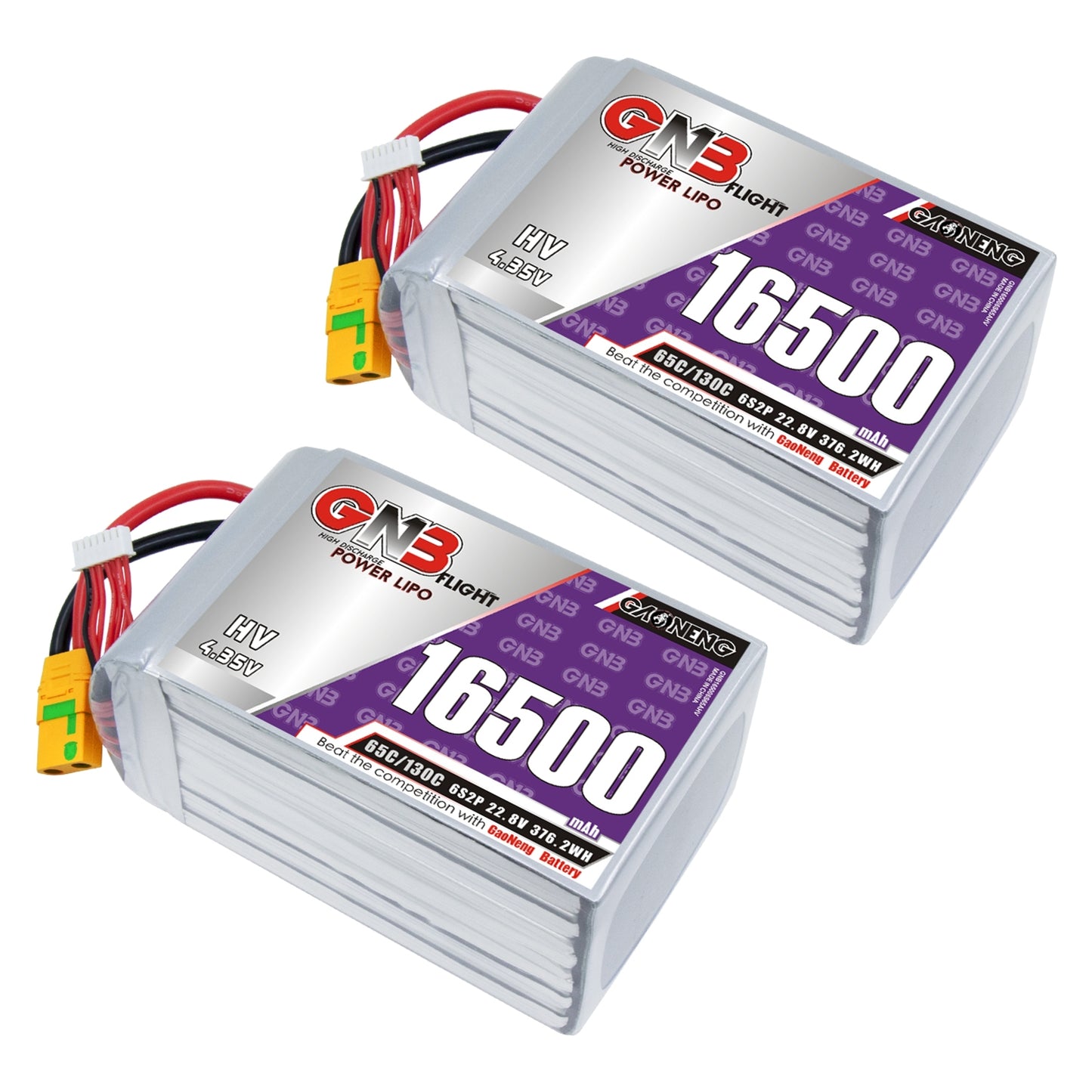 Two GAONENG GNB 16500mAh HV 6S LiPo batteries with XT90S connectors, pair set view