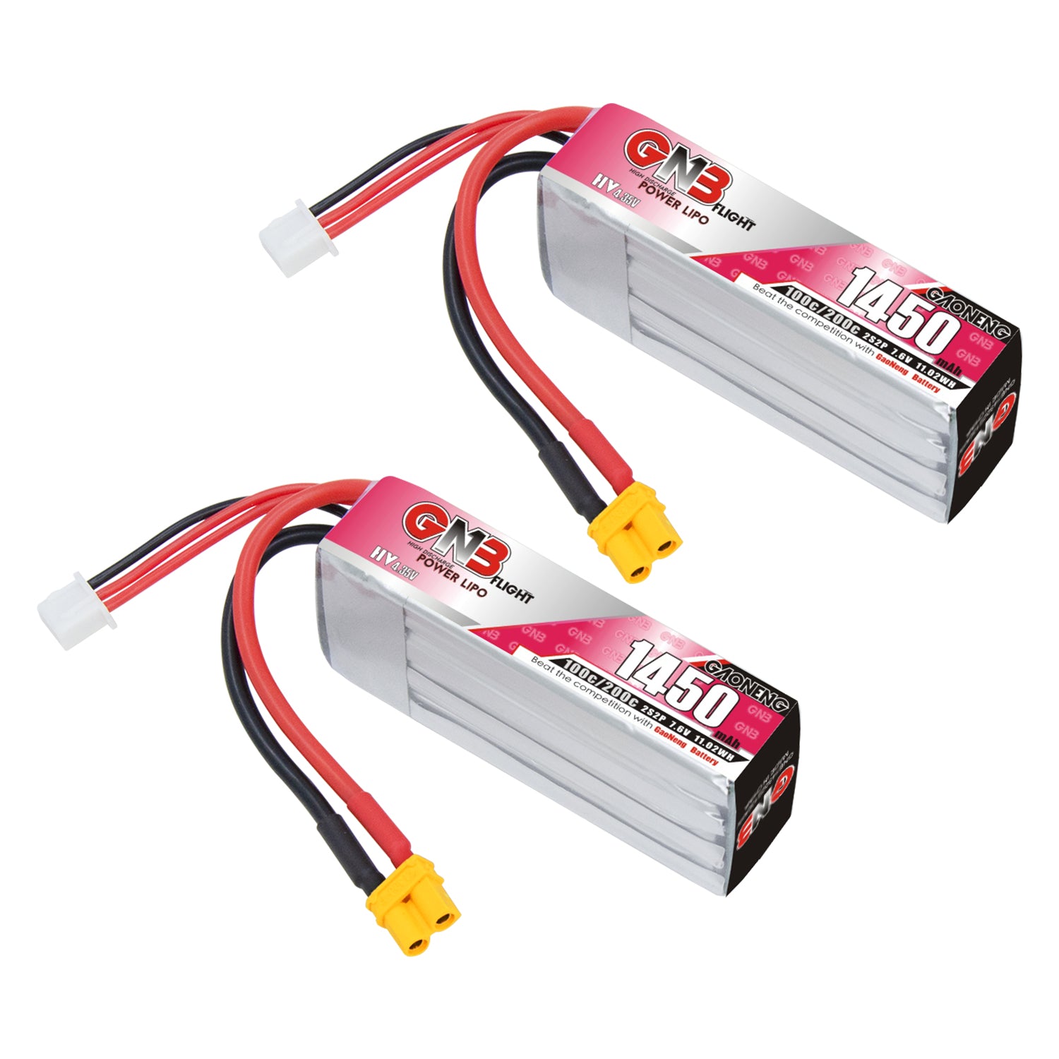 Two GAONENG GNB LiHV 2S 7.6V 1450mAh 100C LiPo batteries with XT30 plug and balance lead