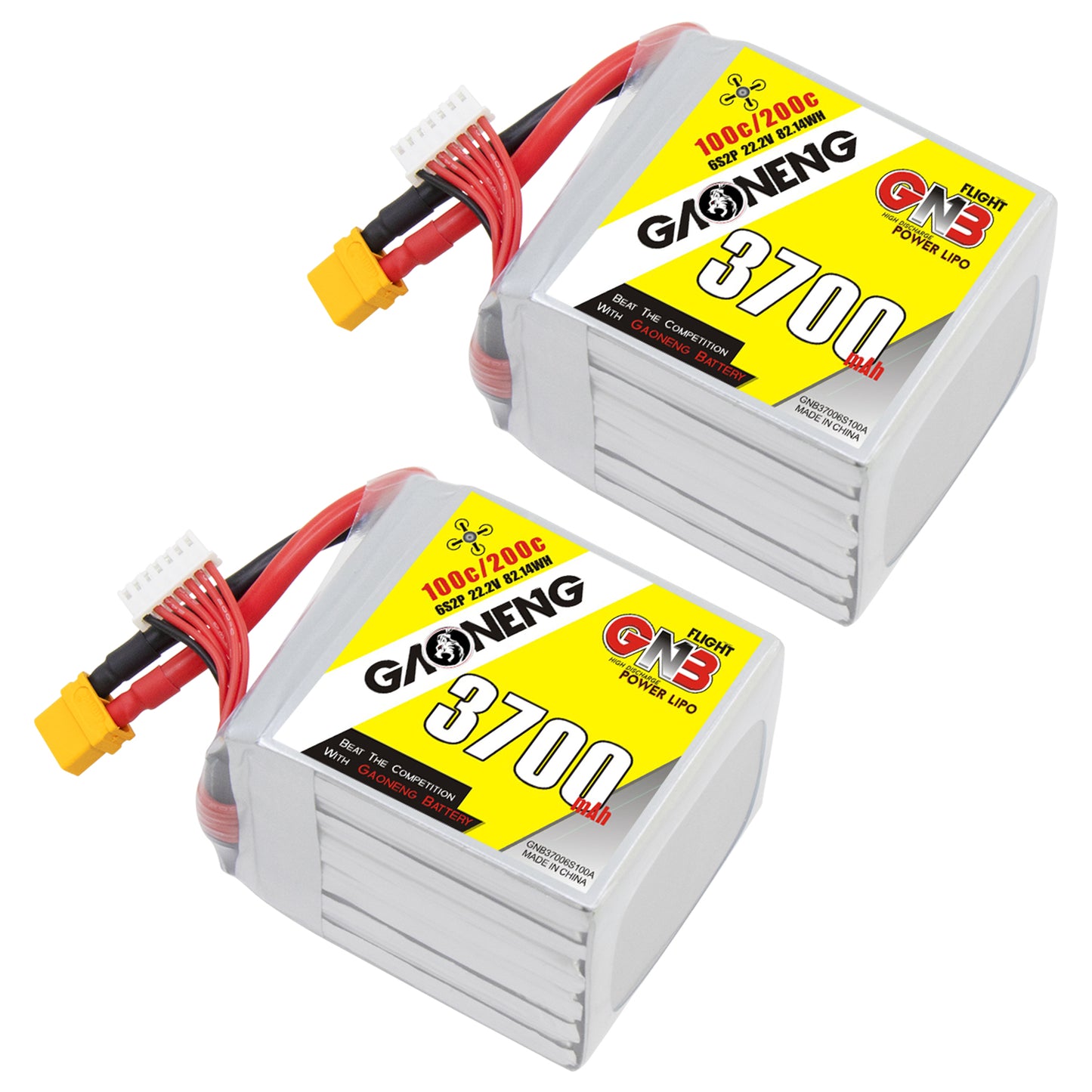 Two GAONENG GNB 6S 3700mAh 100C LiPo batteries shown together with XT60 connectors