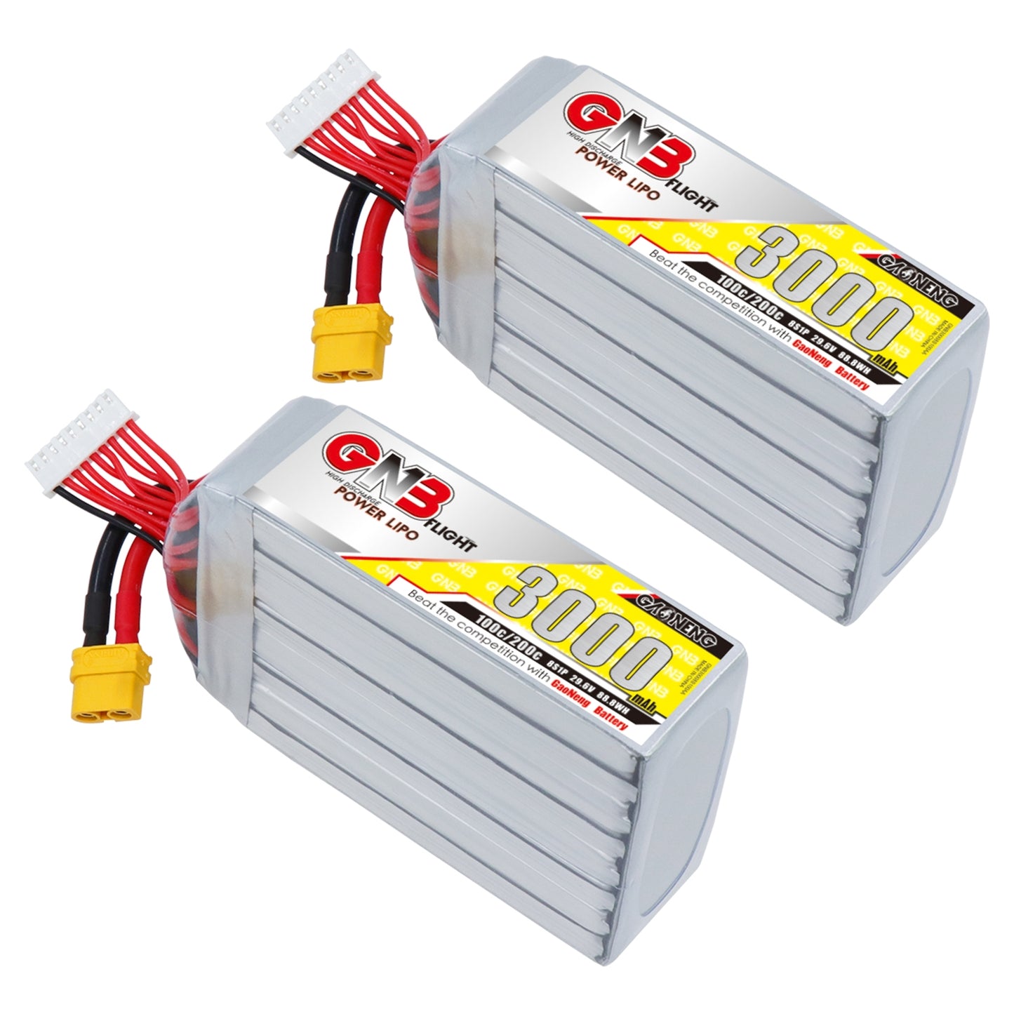 Two GAONENG GNB 3000mAh LiPo batteries shown with XT60 connectors and balance plugs
