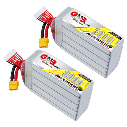 Two GAONENG GNB 3000mAh LiPo batteries shown with XT60 connectors and balance plugs