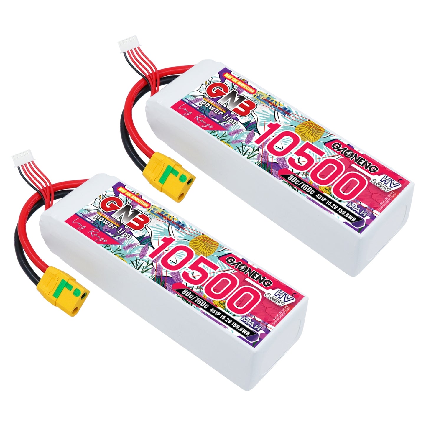 Two GNB 10500mAh 4S HV LiPo battery packs shown side by side with XT90S connectors