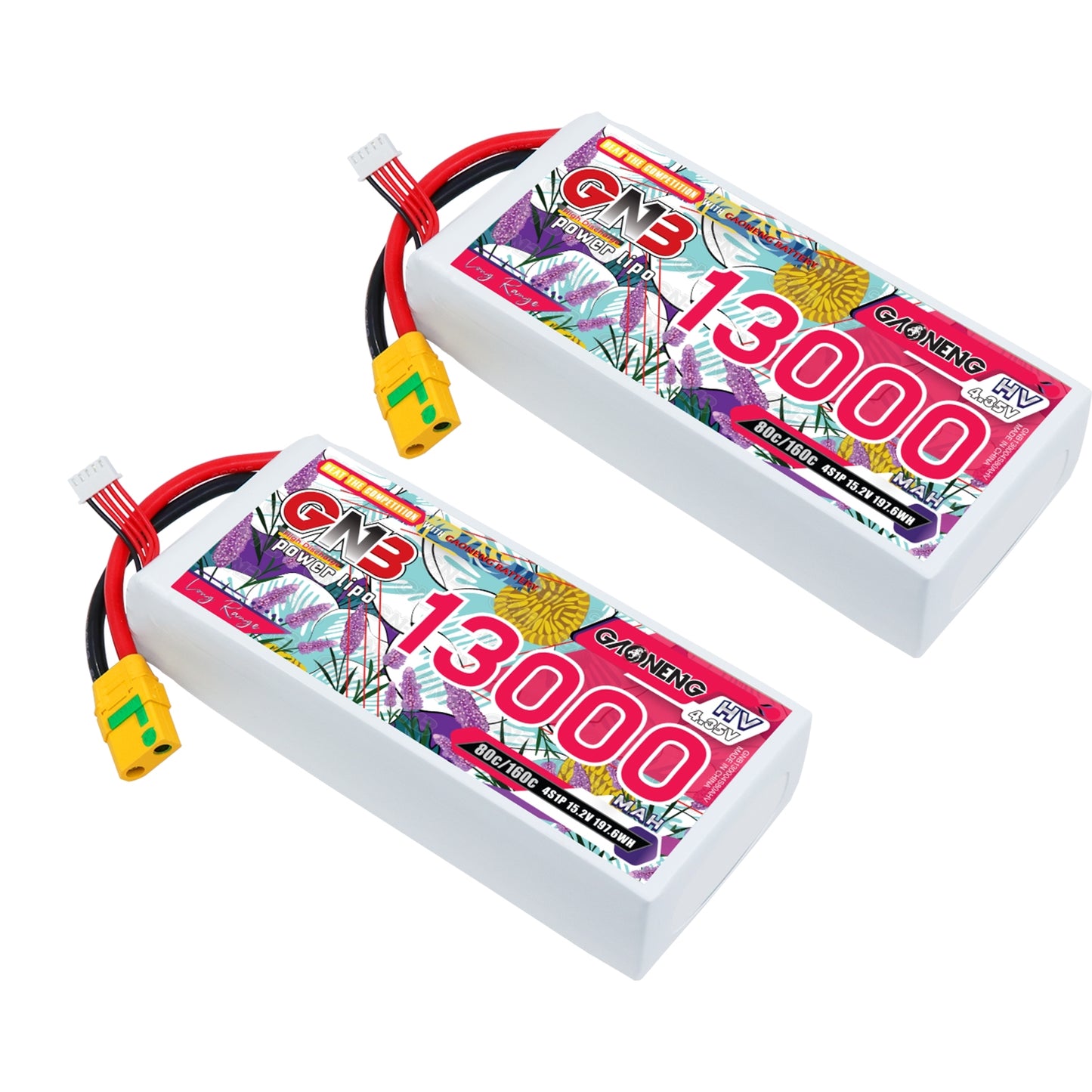 Two GAONENG GNB 13000mAh HV LiPo batteries shown with XT90S anti-spark connectors
