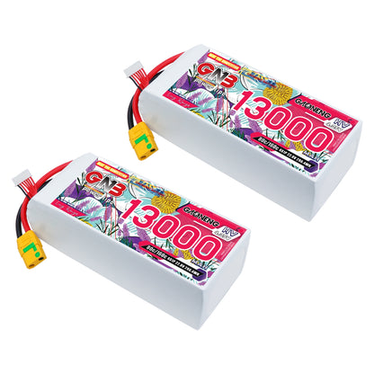 Two GAONENG GNB 13000mAh LiPo battery packs shown with XT90S discharge plug and balance leads