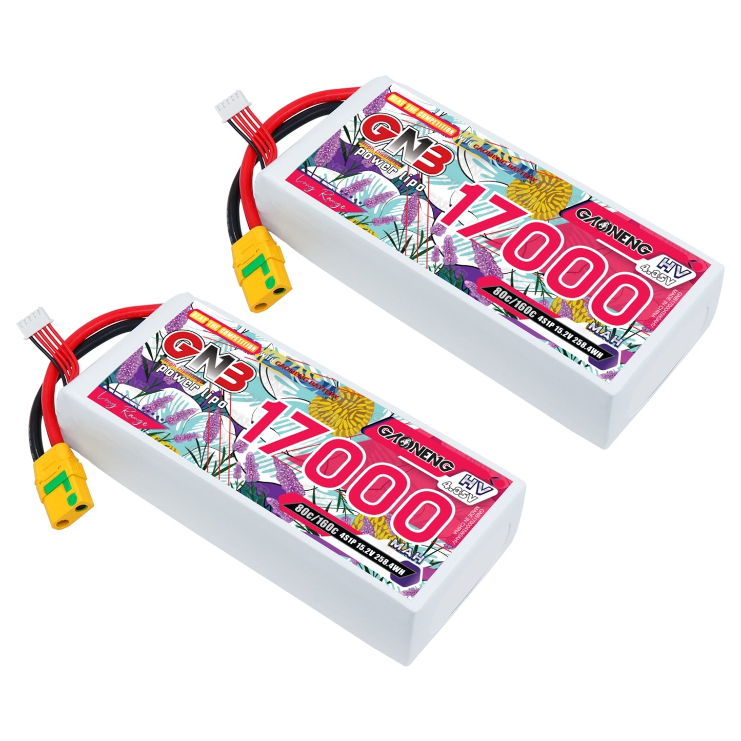 Two GAONENG GNB 17000mAh 4S HV LiPo batteries shown with XT90S anti-spark connectors