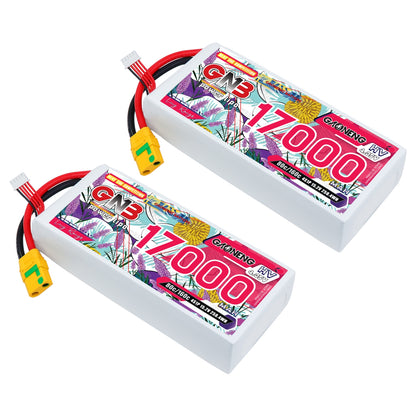 Two GAONENG GNB 17000mAh 4S HV LiPo batteries shown with XT90S anti-spark connectors