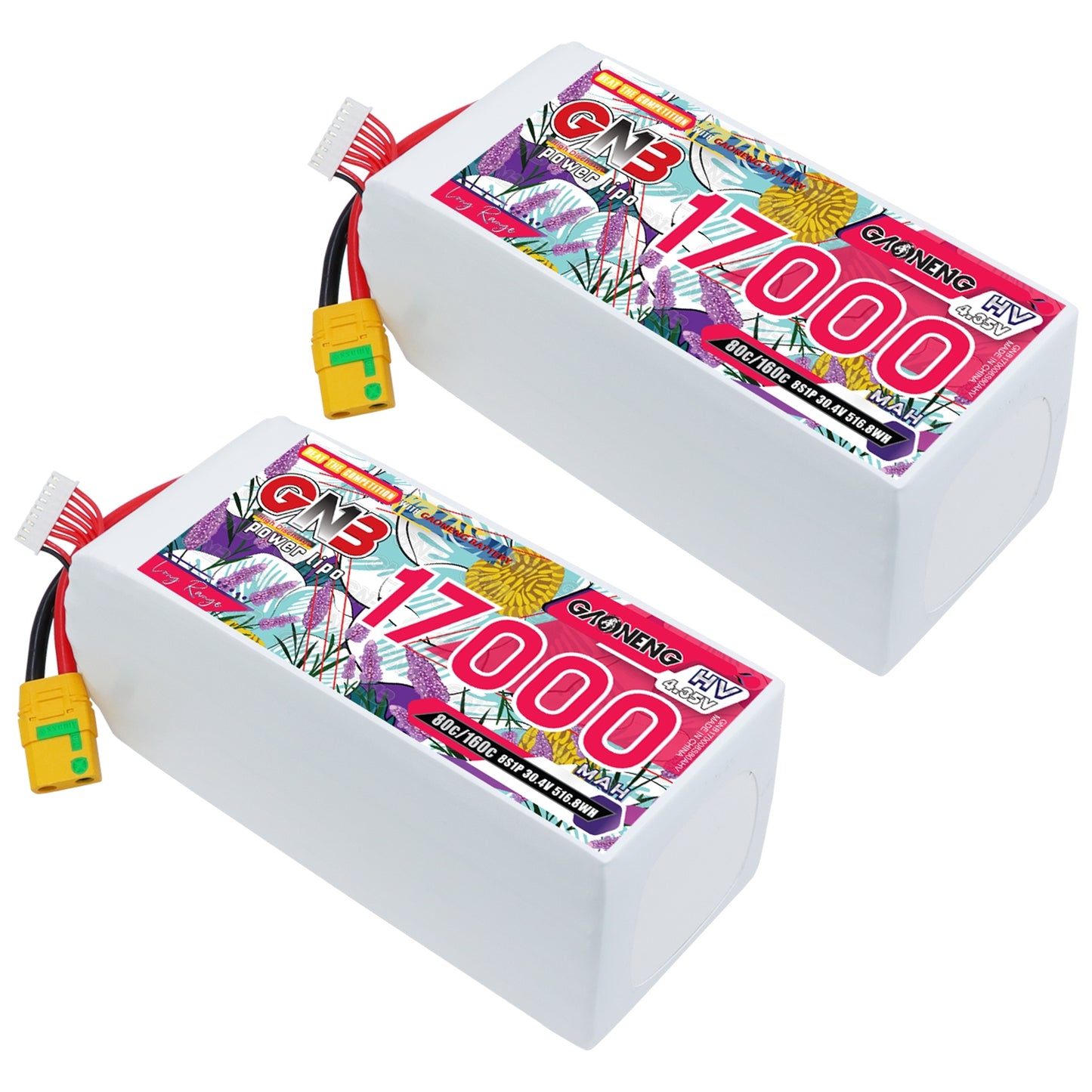 Two GAONENG GNB 17000mAh 8S HV LiPo batteries shown together with balance leads and XT90S plugs