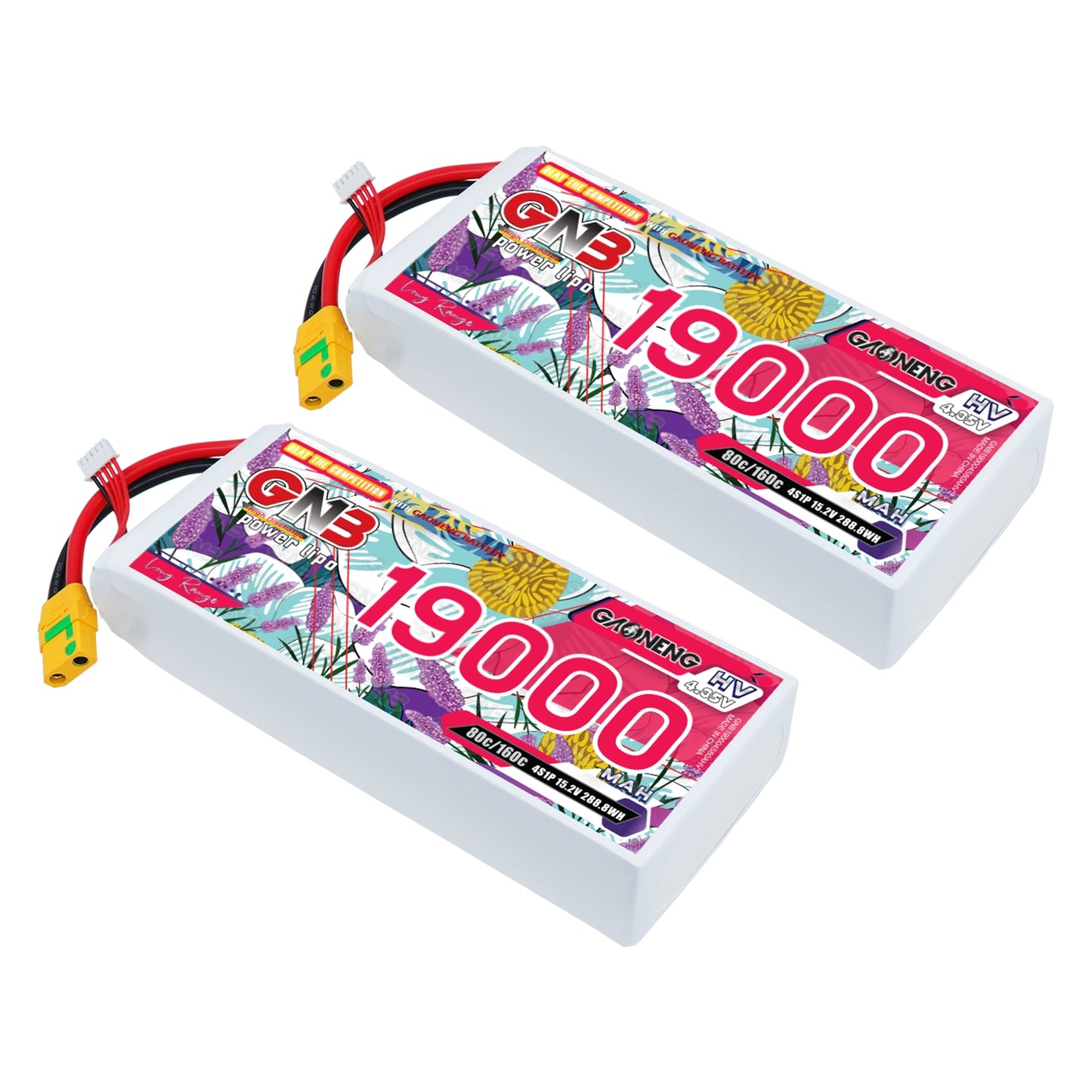 Two GNB 19000mAh HV LiPo battery packs shown together with yellow XT90-style connectors