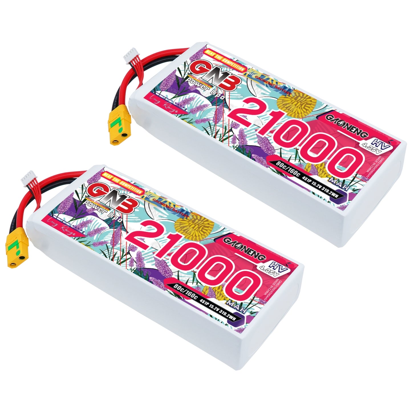 Two GAONENG GNB 21000mAh HV 4S LiPo batteries shown together with XT90S anti-spark connectors
